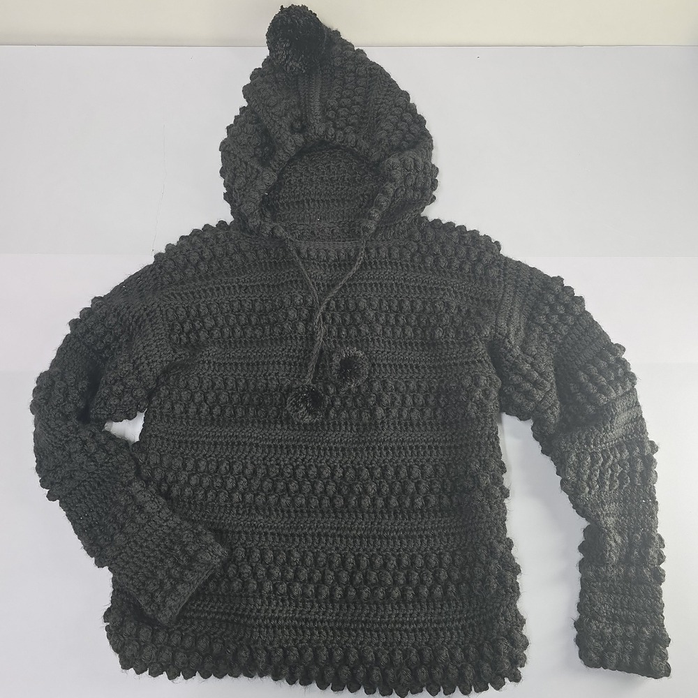 Womens Handmade Crochet Bobble Hooded Sweater Black Pompom Detail